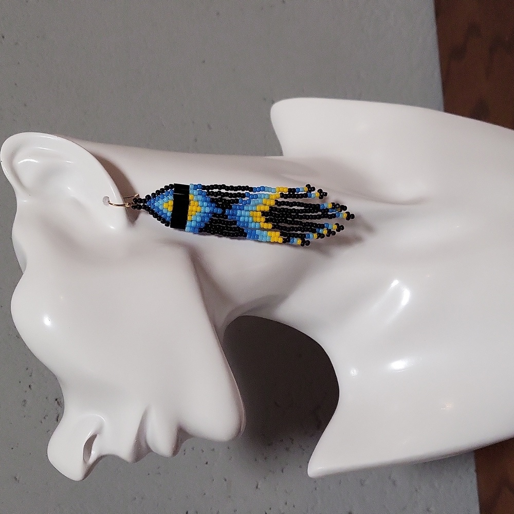 Beaded Earrings- Black Bugle beads, Black, Blue, & Yellow sead beads.